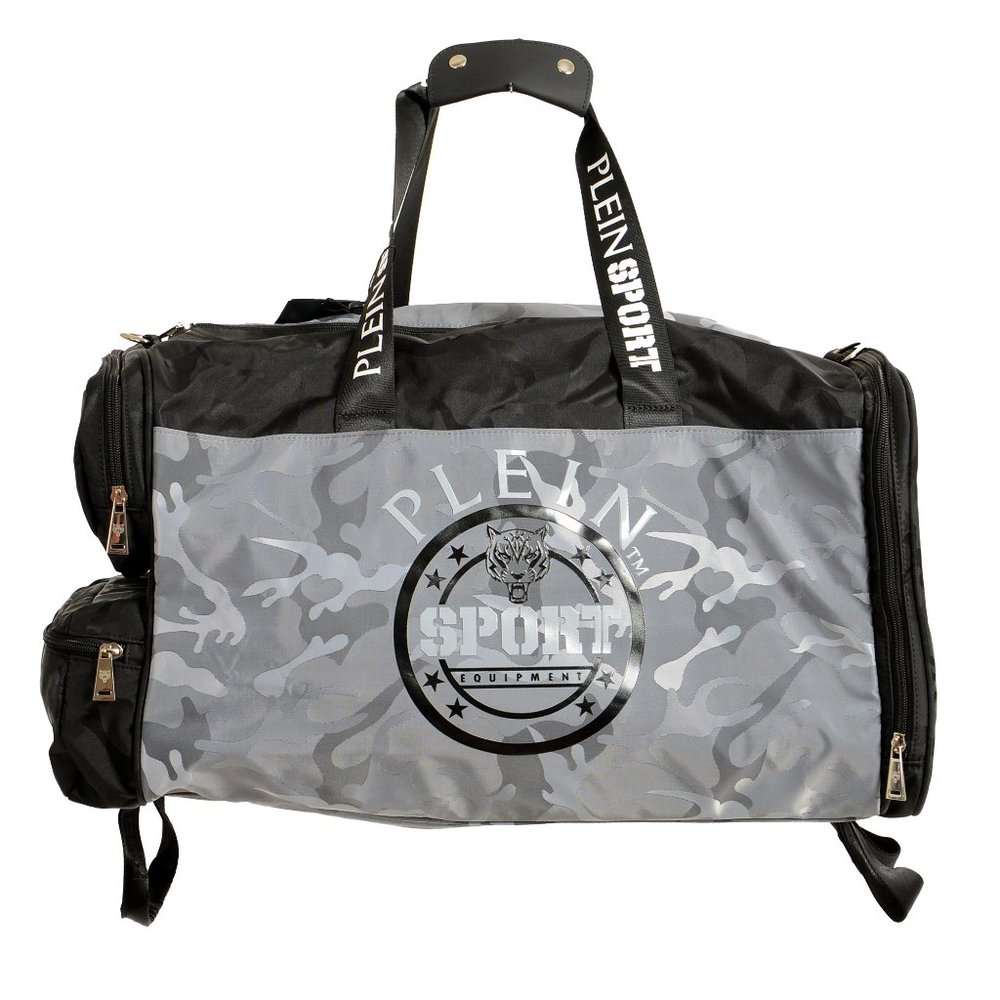 Plein Sport Men's Military Gray Logo Print Large Travel Gym Duffle Backpack Bag